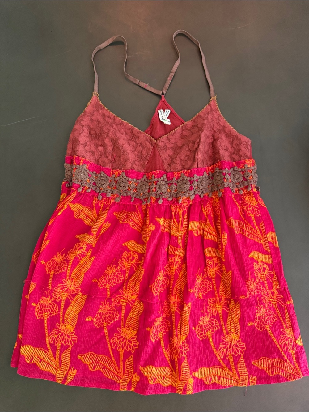 Free People Hot Pink and Orange Floral Cami with Brown Lace Trim